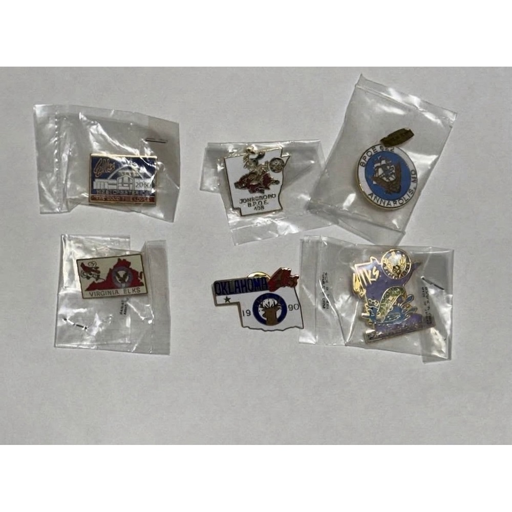 Elks Lodge BPOE Vtg Lot of 6 Lapel Pins Collection; MD, OK, VA, AR, CA & MN
